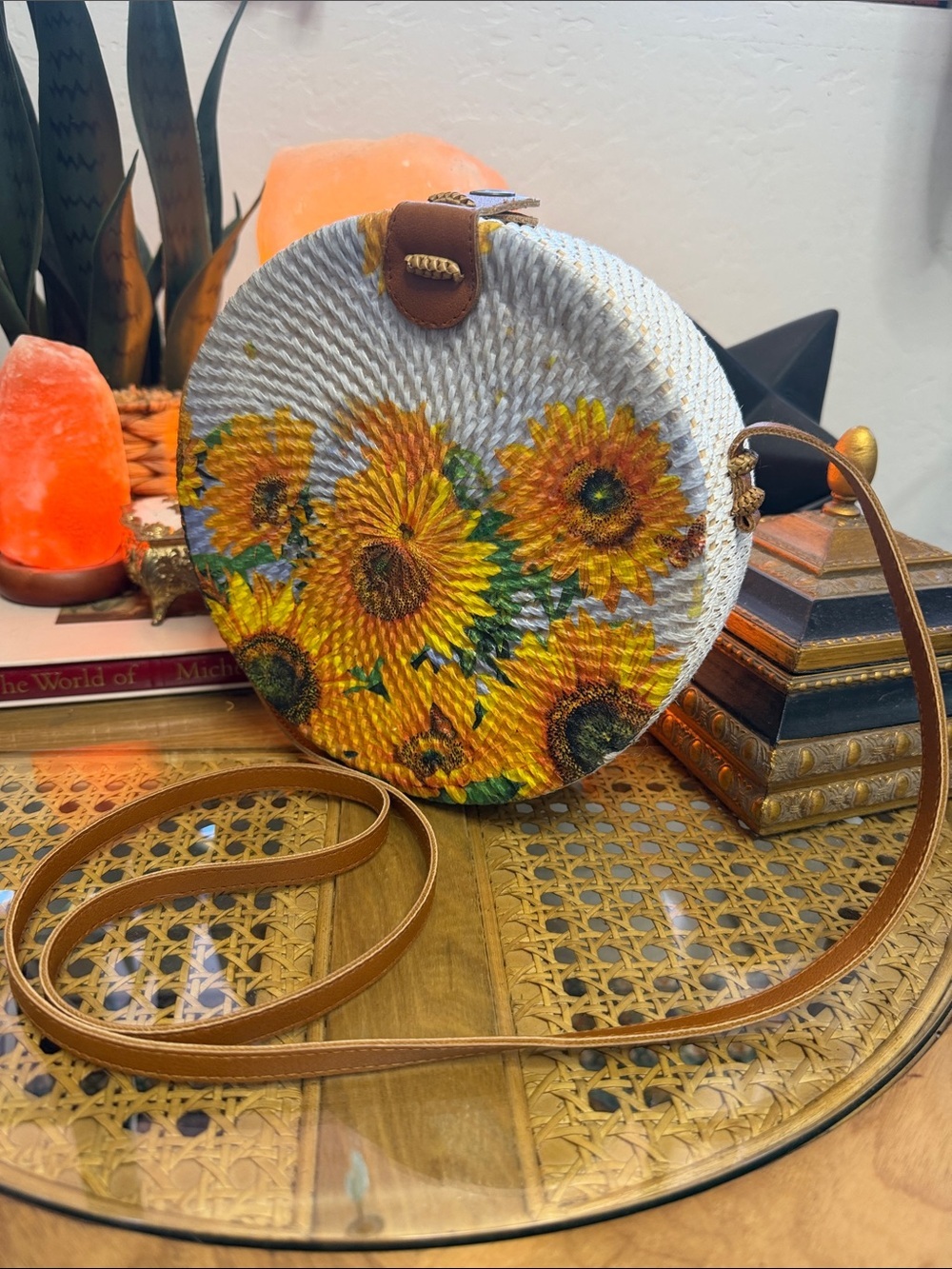 Round Sunflower Woven Straw Crossbody Bag Boho Cottagecore Summer Purse